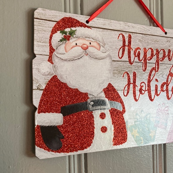 NWT Gleaming Red Glittered Santa Happy Holidays Planked Wood Decoration Sign - Picture 14 of 17